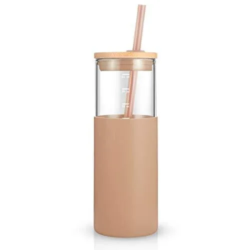 Advanced Mixology 24oz Glass Tumbler Glass Water Bottle Straw Silicone Protective Sleeve Bamboo Lid - BPA Free