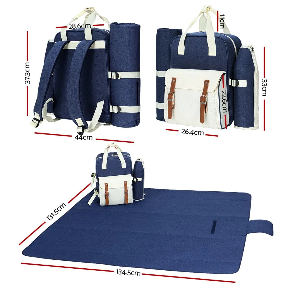 Alfresco 4 Person Picnic Basket Set Backpack Bag Insulated Blue