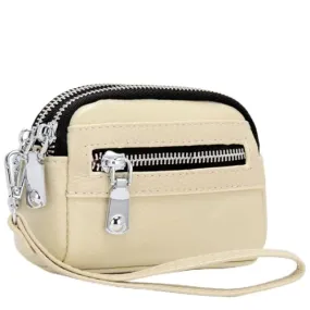 ALLITIC Coin Purse for Women Genuine Leather Small Triple Zipper Coin Wallet Pouch with Removable Wristlet Strap