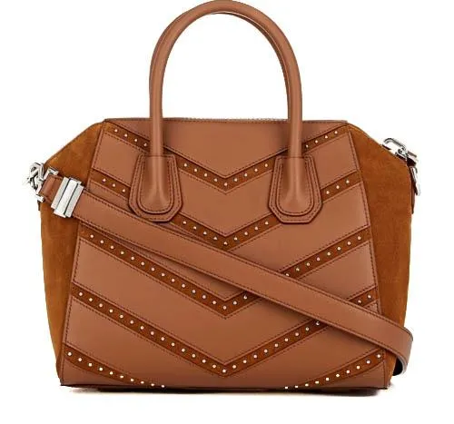 Antigona Small Brown Chevron Studded Shoulder Top Handle Tote Bag