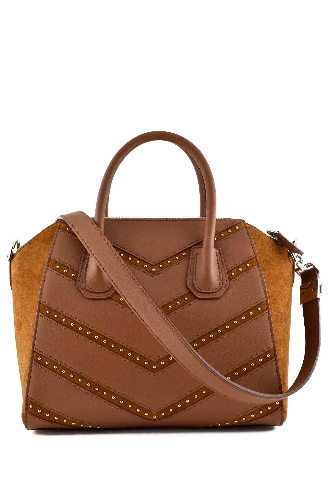 Antigona Small Brown Chevron Studded Shoulder Top Handle Tote Bag