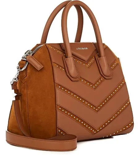 Antigona Small Brown Chevron Studded Shoulder Top Handle Tote Bag