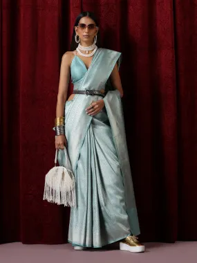 Banarasi Soul Mate Blue Pure Silk Jaal Jacquard Saree with Blouse Fabric
