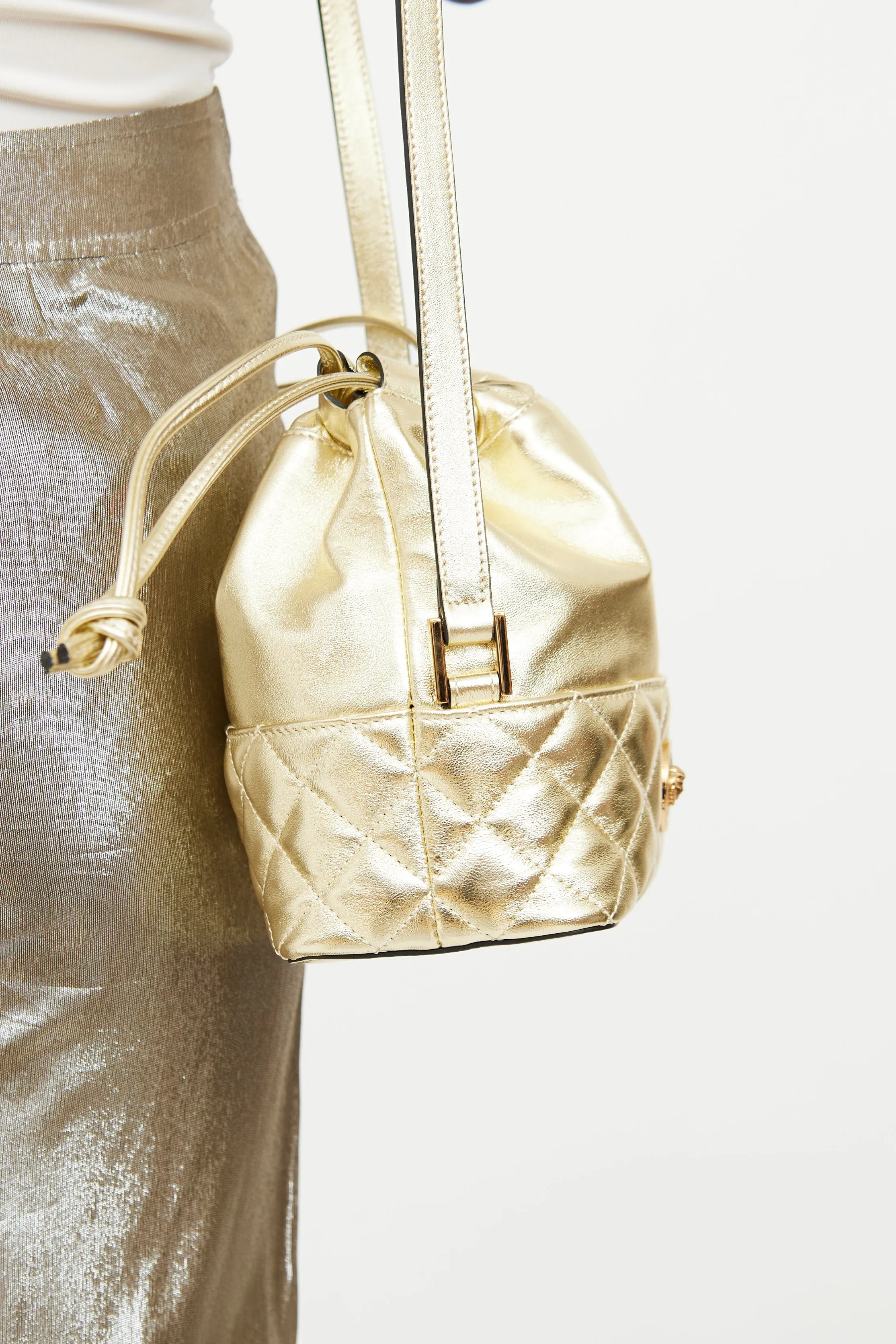 Gold Medusa Drawstring Bucket Bag