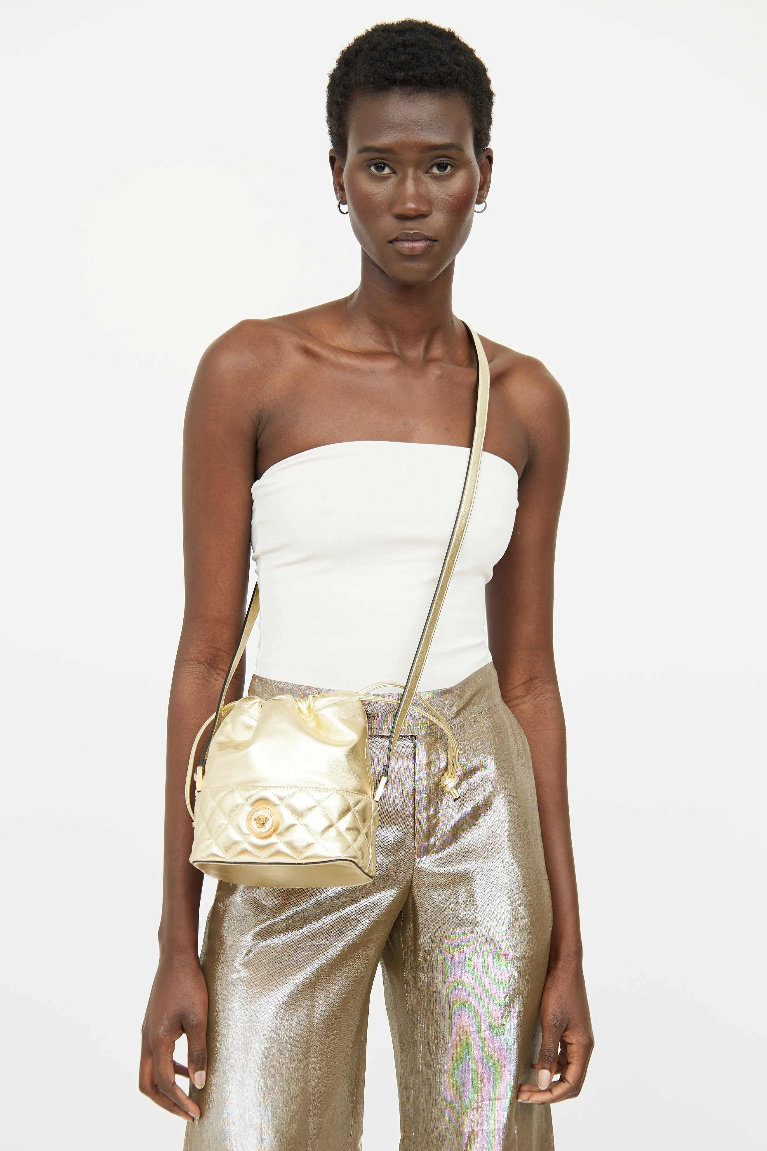 Gold Medusa Drawstring Bucket Bag