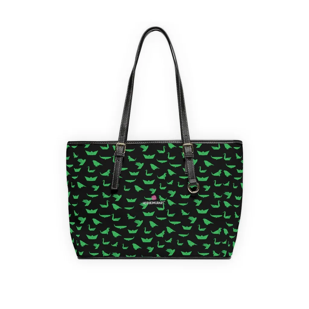 Green Crane Print Tote Bag, Japanese Style PU Leather Shoulder Hand Work Bag 17"x11"/ 16"x10"