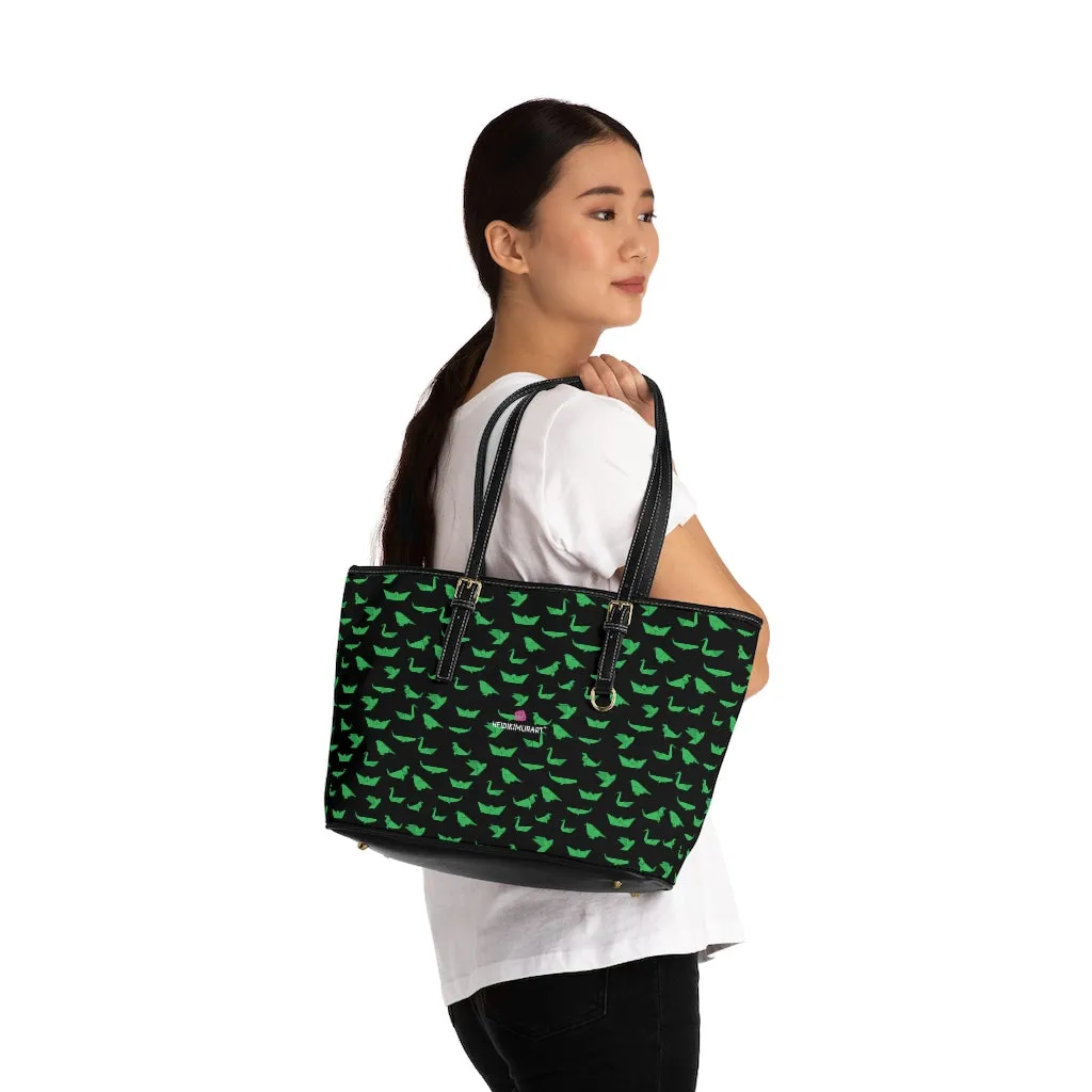 Green Crane Print Tote Bag, Japanese Style PU Leather Shoulder Hand Work Bag 17"x11"/ 16"x10"