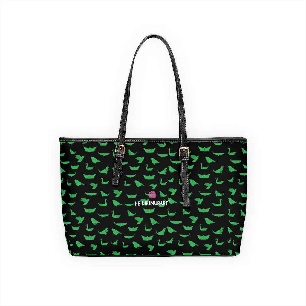 Green Crane Print Tote Bag, Japanese Style PU Leather Shoulder Hand Work Bag 17"x11"/ 16"x10"