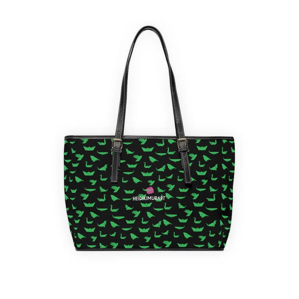Green Crane Print Tote Bag, Japanese Style PU Leather Shoulder Hand Work Bag 17"x11"/ 16"x10"