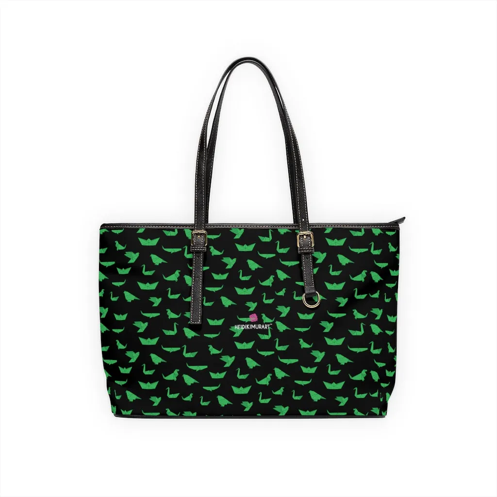 Green Crane Print Tote Bag, Japanese Style PU Leather Shoulder Hand Work Bag 17"x11"/ 16"x10"