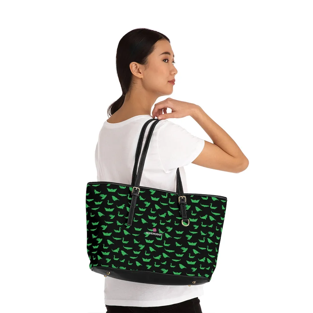 Green Crane Print Tote Bag, Japanese Style PU Leather Shoulder Hand Work Bag 17"x11"/ 16"x10"