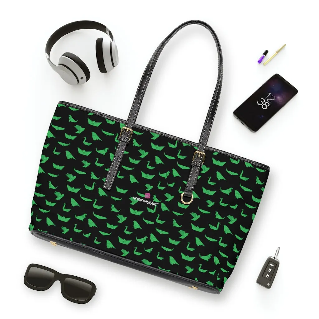 Green Crane Print Tote Bag, Japanese Style PU Leather Shoulder Hand Work Bag 17"x11"/ 16"x10"