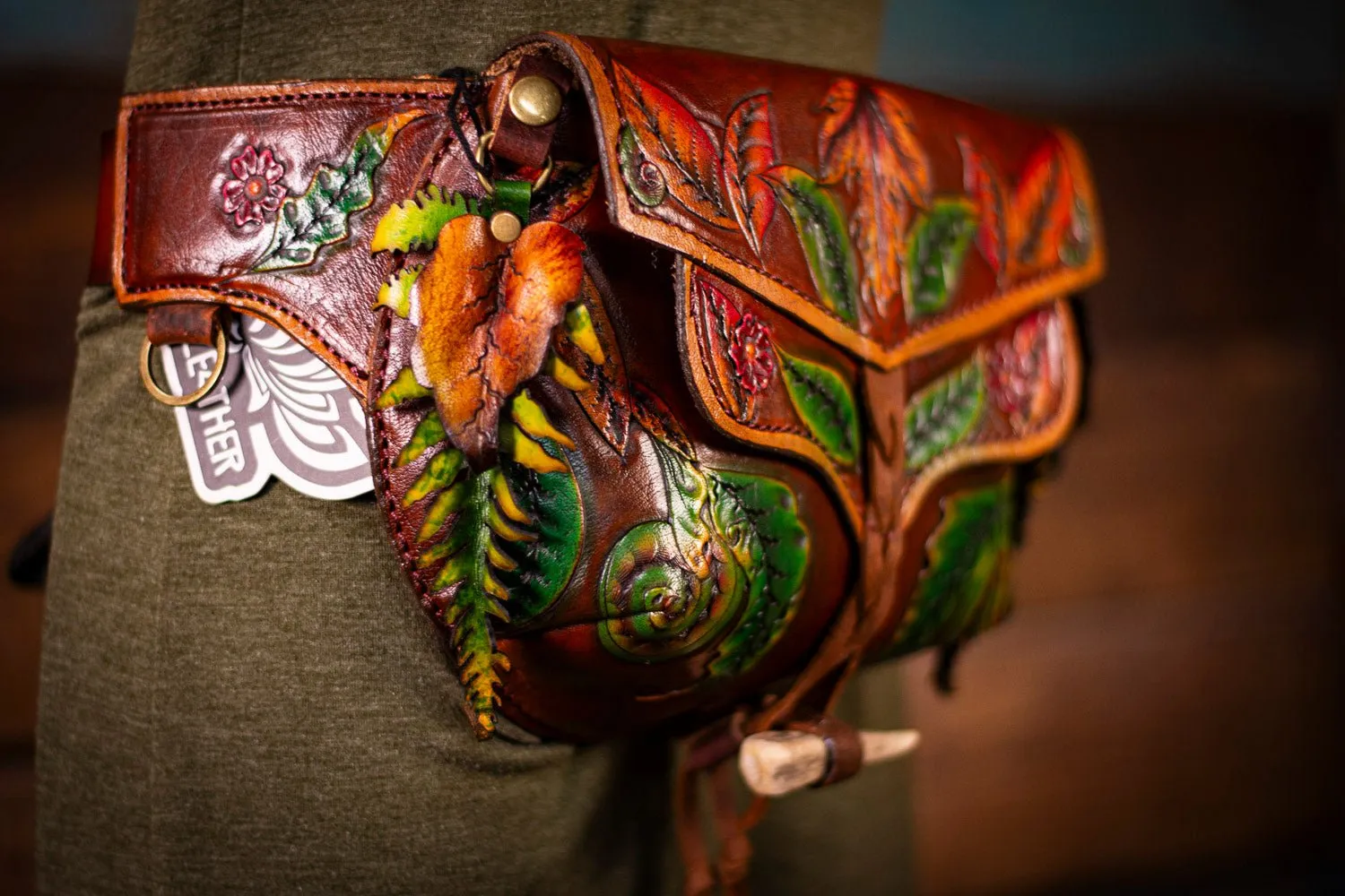 Handcrafted Leather Fanny Pack - Fern & Leaf Design for Festivals