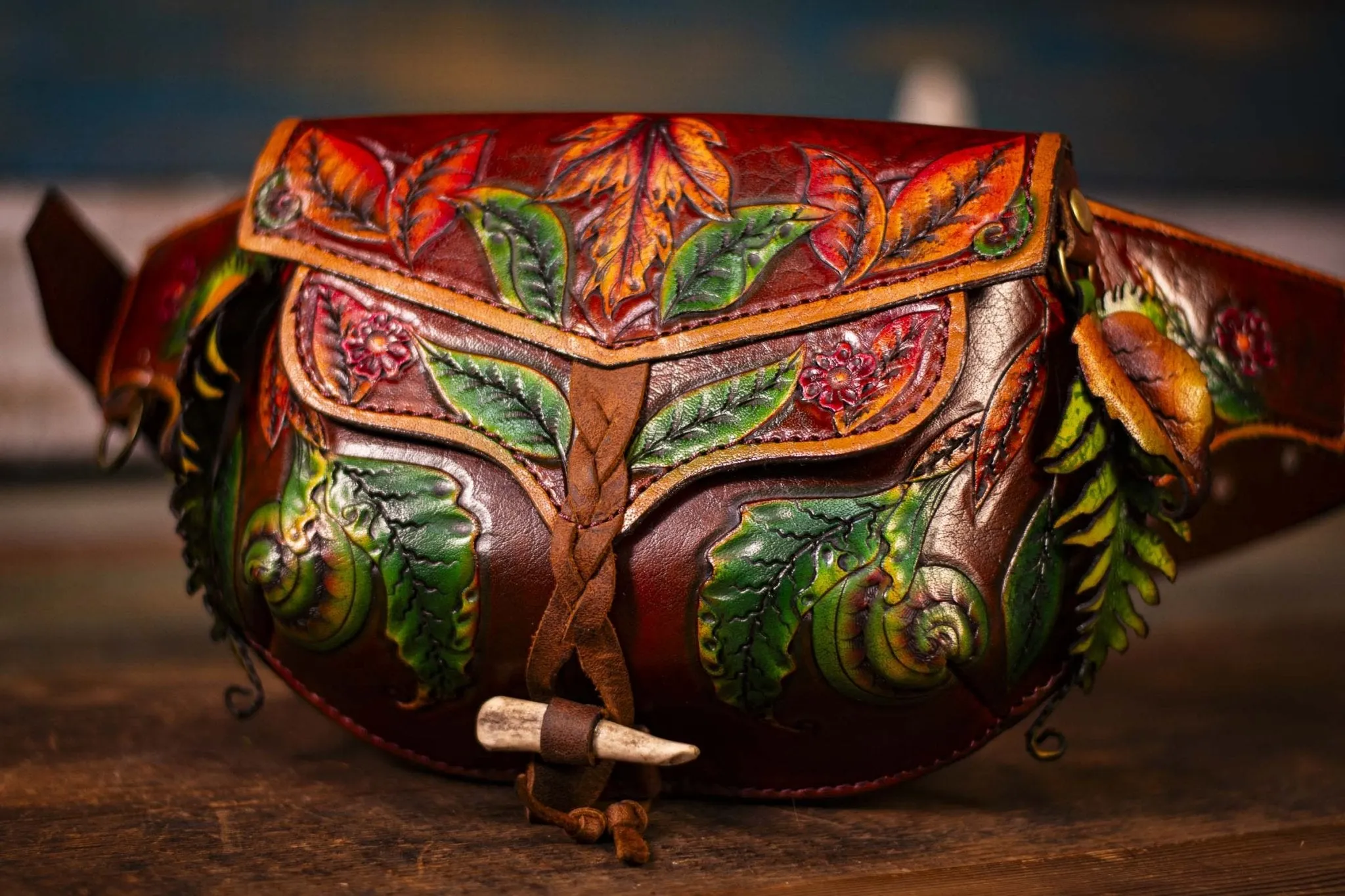 Handcrafted Leather Fanny Pack - Fern & Leaf Design for Festivals