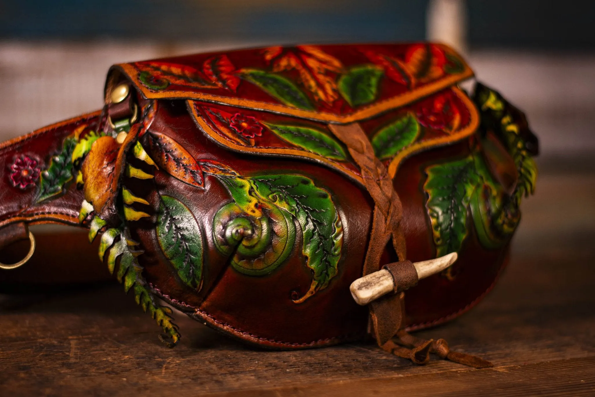 Handcrafted Leather Fanny Pack - Fern & Leaf Design for Festivals