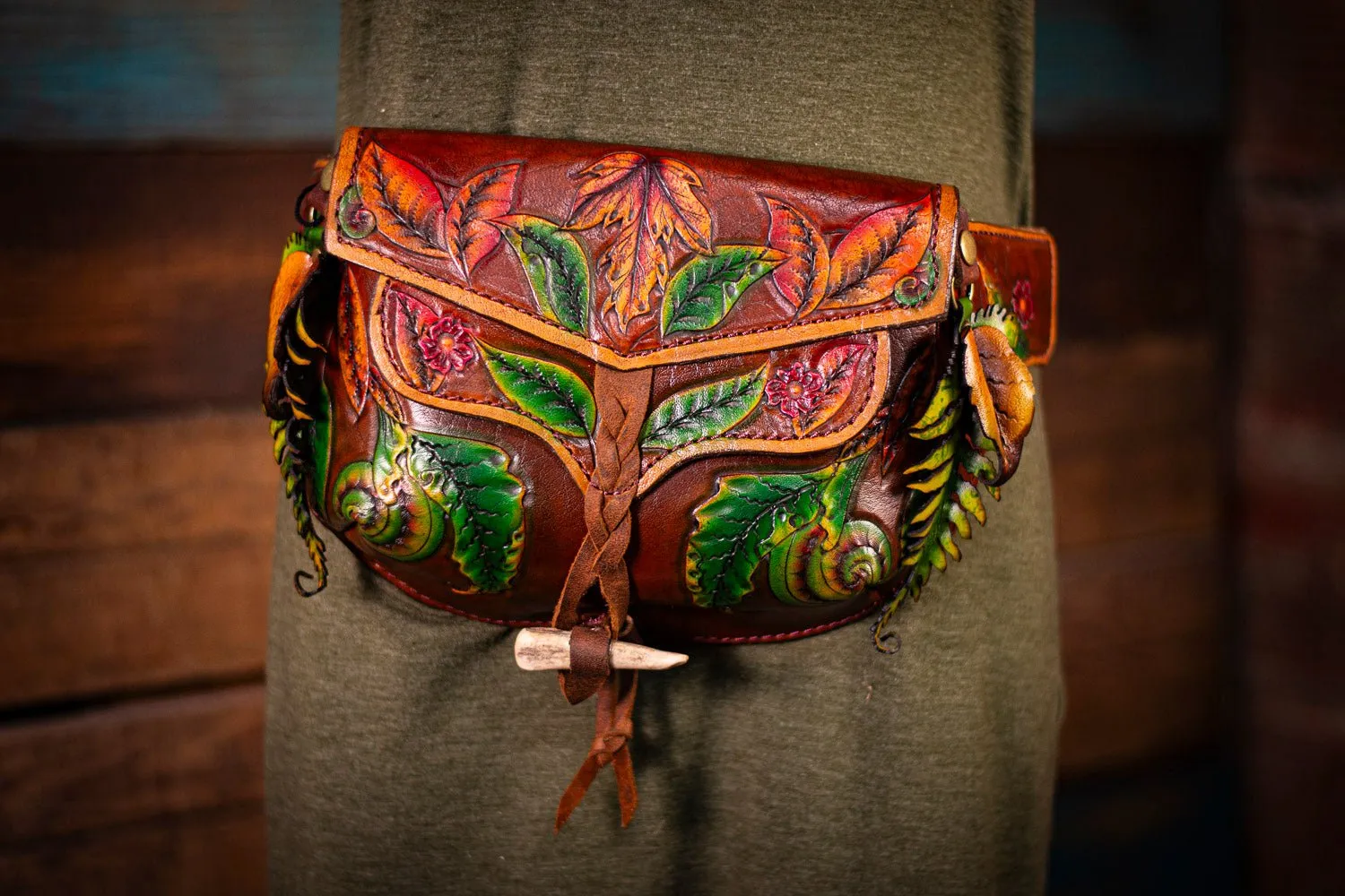 Handcrafted Leather Fanny Pack - Fern & Leaf Design for Festivals