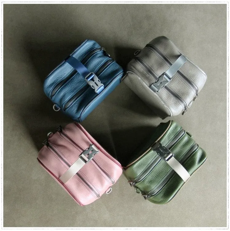 Mini Womens Pink Leather Shoulder Bag Cube Double Zip Leather Crossbody Purse for Ladies