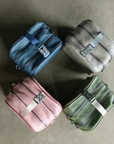 Mini Womens Pink Leather Shoulder Bag Cube Double Zip Leather Crossbody Purse for Ladies