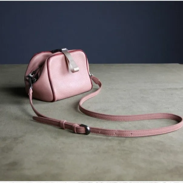 Mini Womens Pink Leather Shoulder Bag Cube Double Zip Leather Crossbody Purse for Ladies