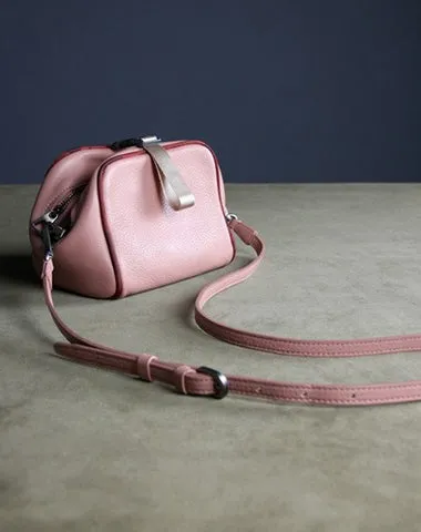 Mini Womens Pink Leather Shoulder Bag Cube Double Zip Leather Crossbody Purse for Ladies