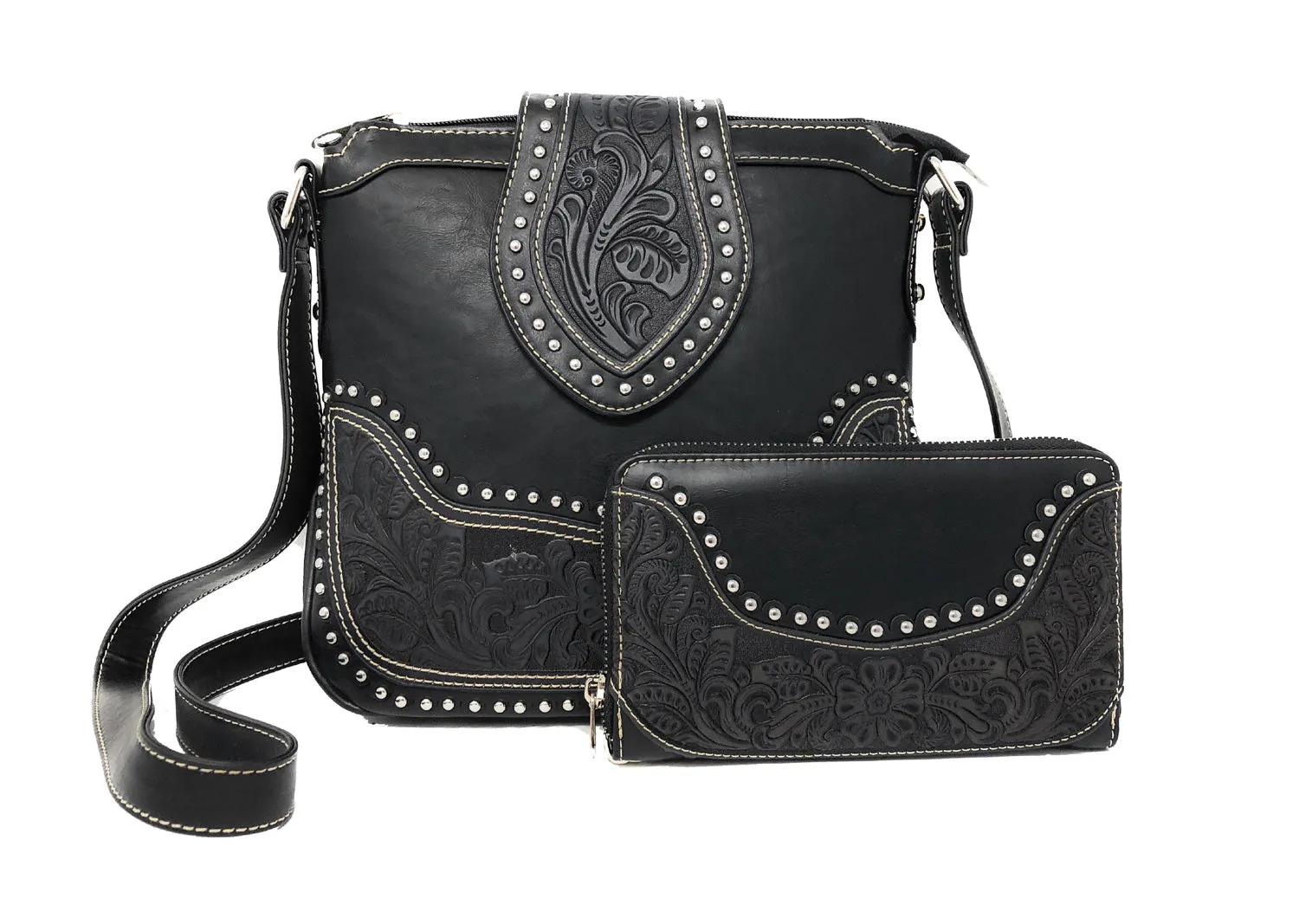 Montana West Concealed Carry Western Tooled Leather Crossbody Purse and Wallet - Black