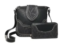 Montana West Concealed Carry Western Tooled Leather Crossbody Purse and Wallet - Black