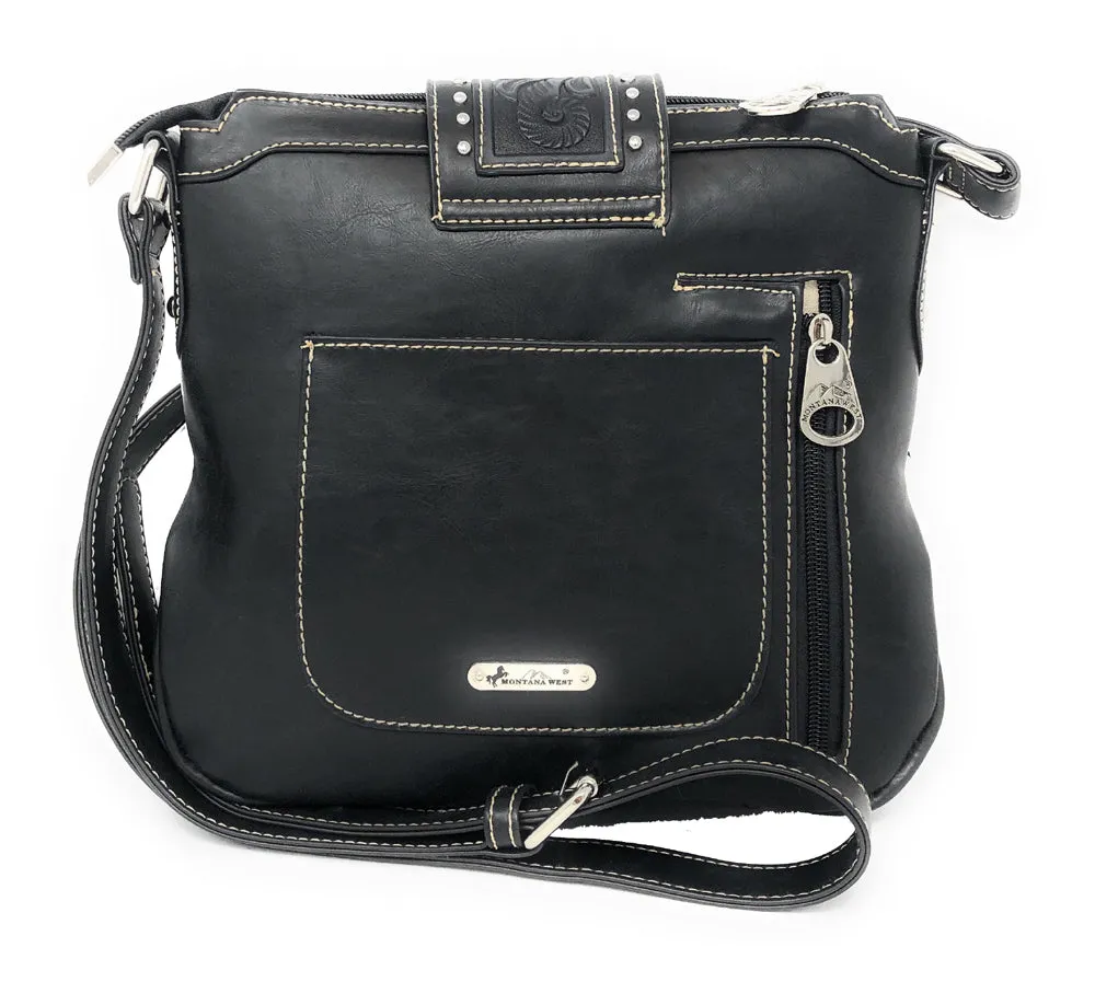 Montana West Concealed Carry Western Tooled Leather Crossbody Purse and Wallet - Black