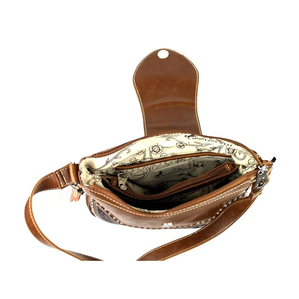 Montana West Concealed Carry Western Tooled Leather Crossbody Purse and Wallet - Black