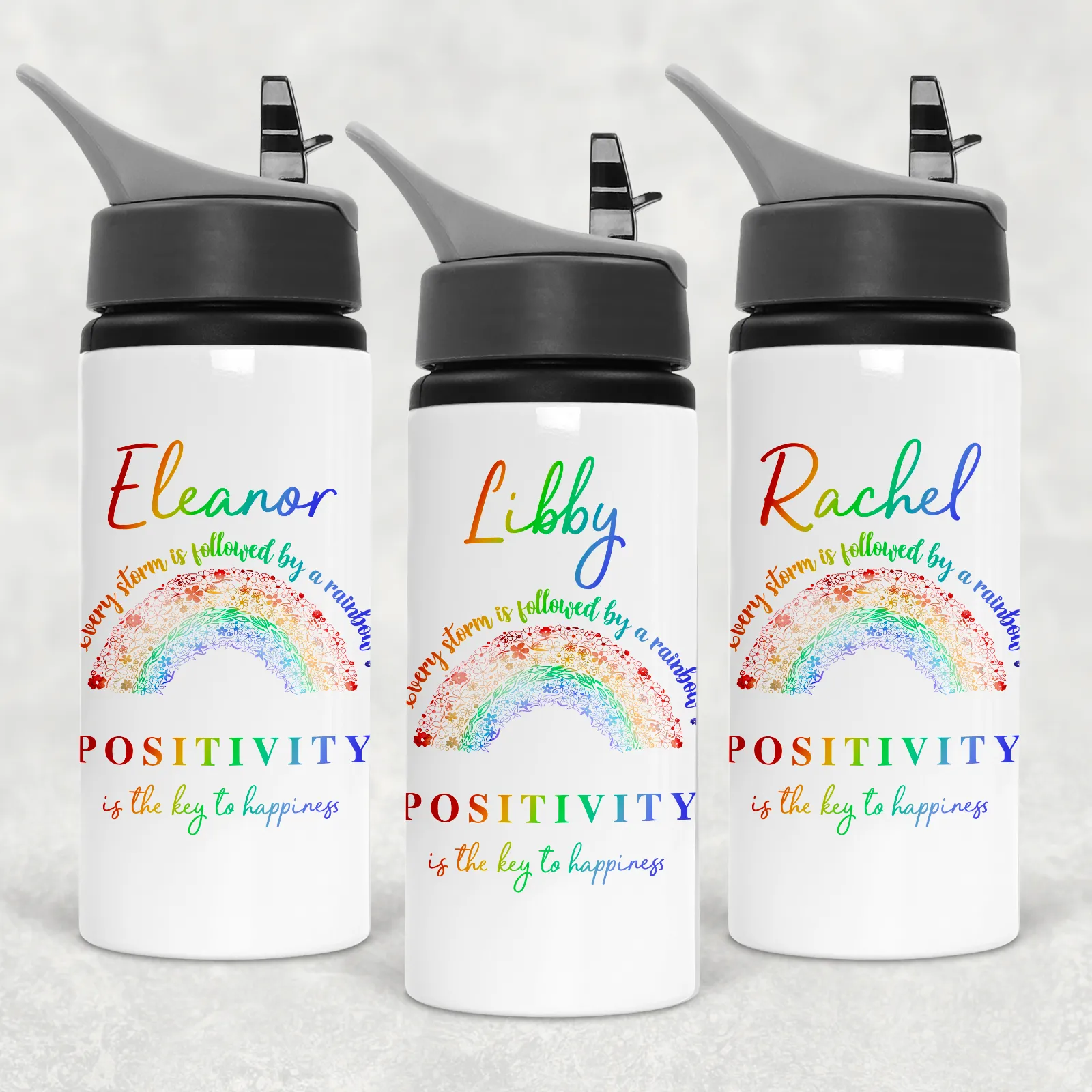 Rainbow After the Storm Positivity is the Key to Happiness Aluminium Straw Water Bottle 650ml