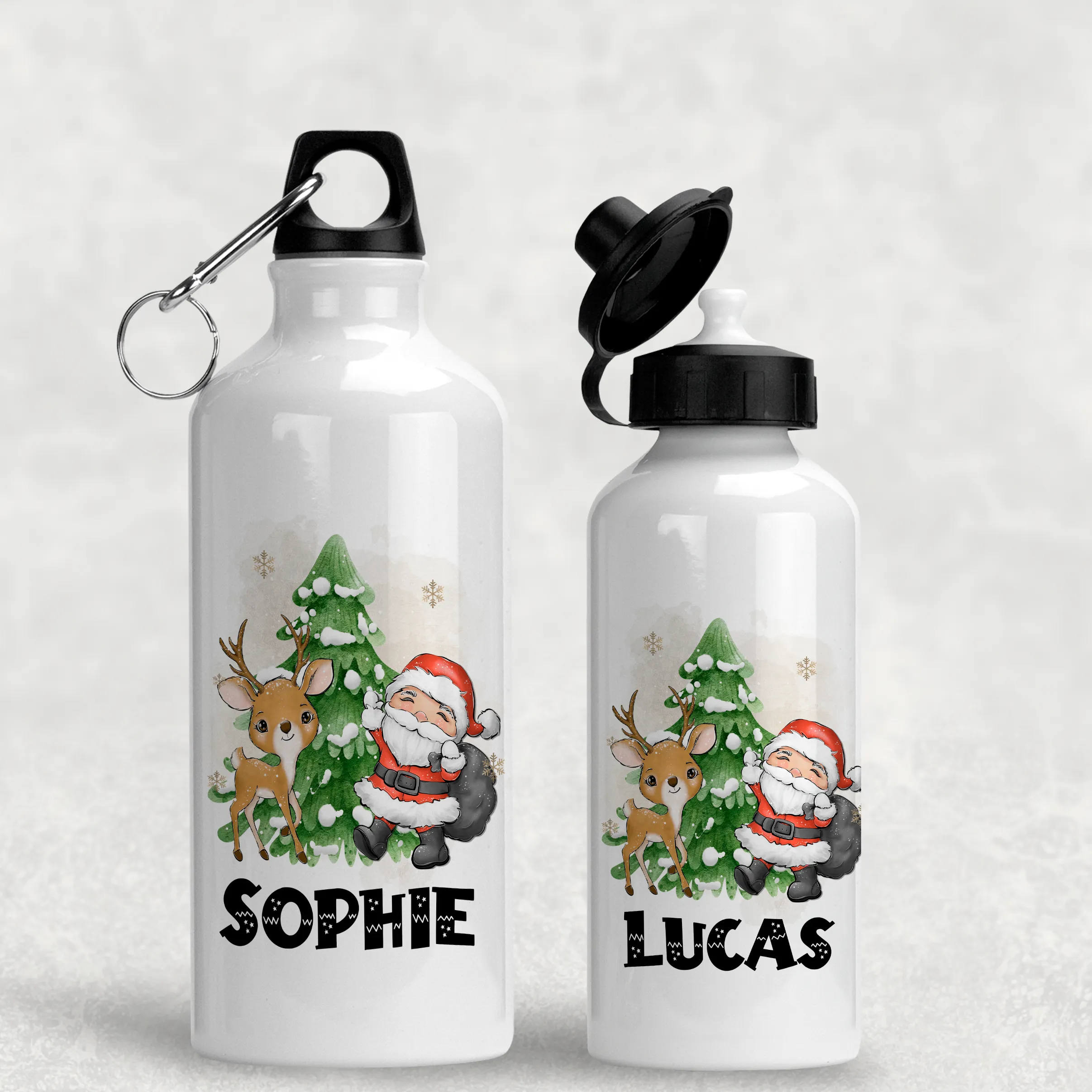 Santa & Reindeer Christmas Personalised Aluminium Water Bottle 400/600ml