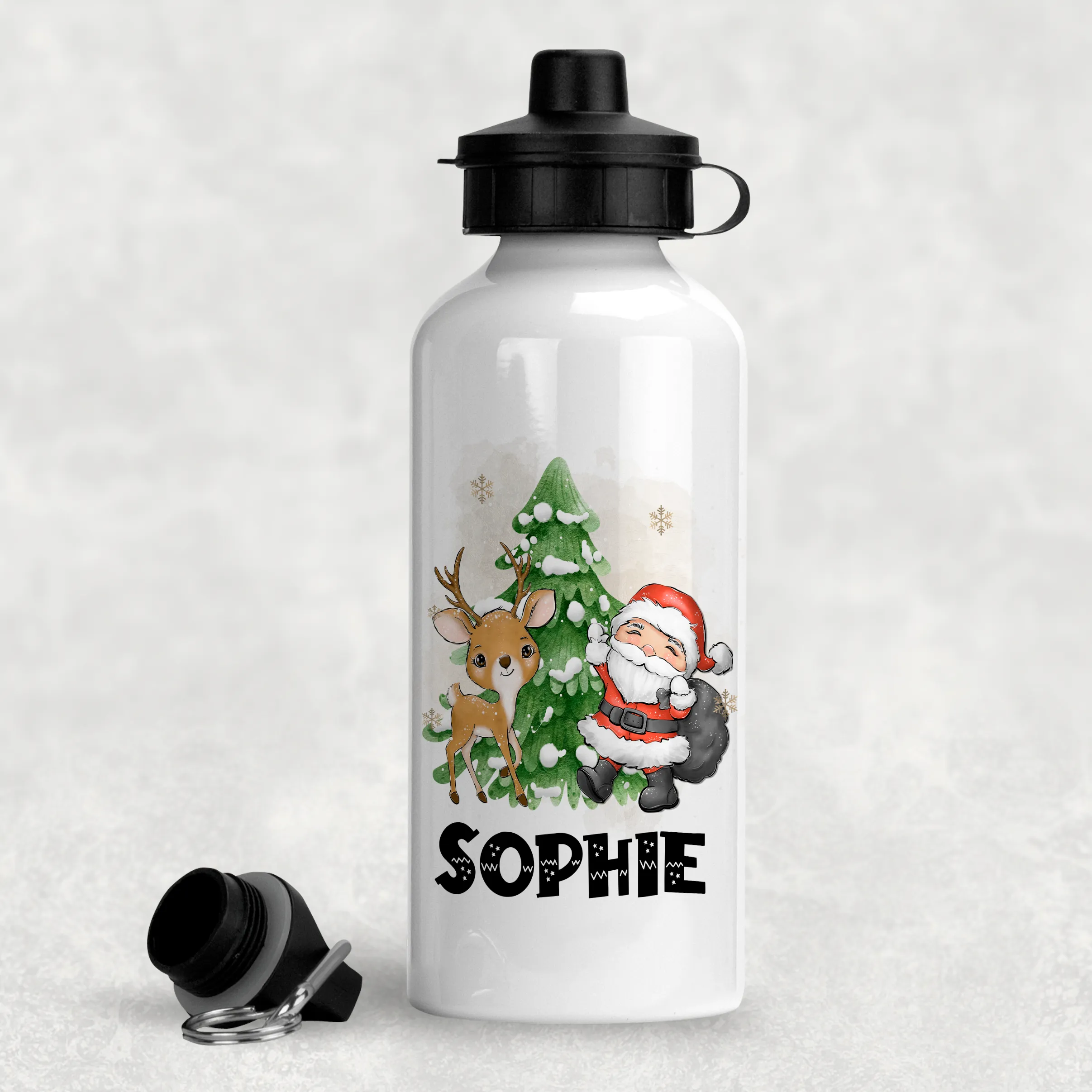 Santa & Reindeer Christmas Personalised Aluminium Water Bottle 400/600ml