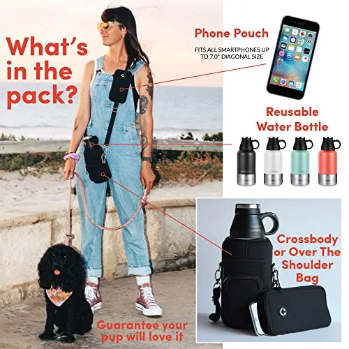 SEASSUN Dog Travel Water Bottle & Dog Walking Bag with Cell Phone Pouch & Dog Training Treat Pouch - 32oz Insulated Pet Water Bottle, Portable Dog Water Bottle Dispenser with Two Portable Dog Bowls