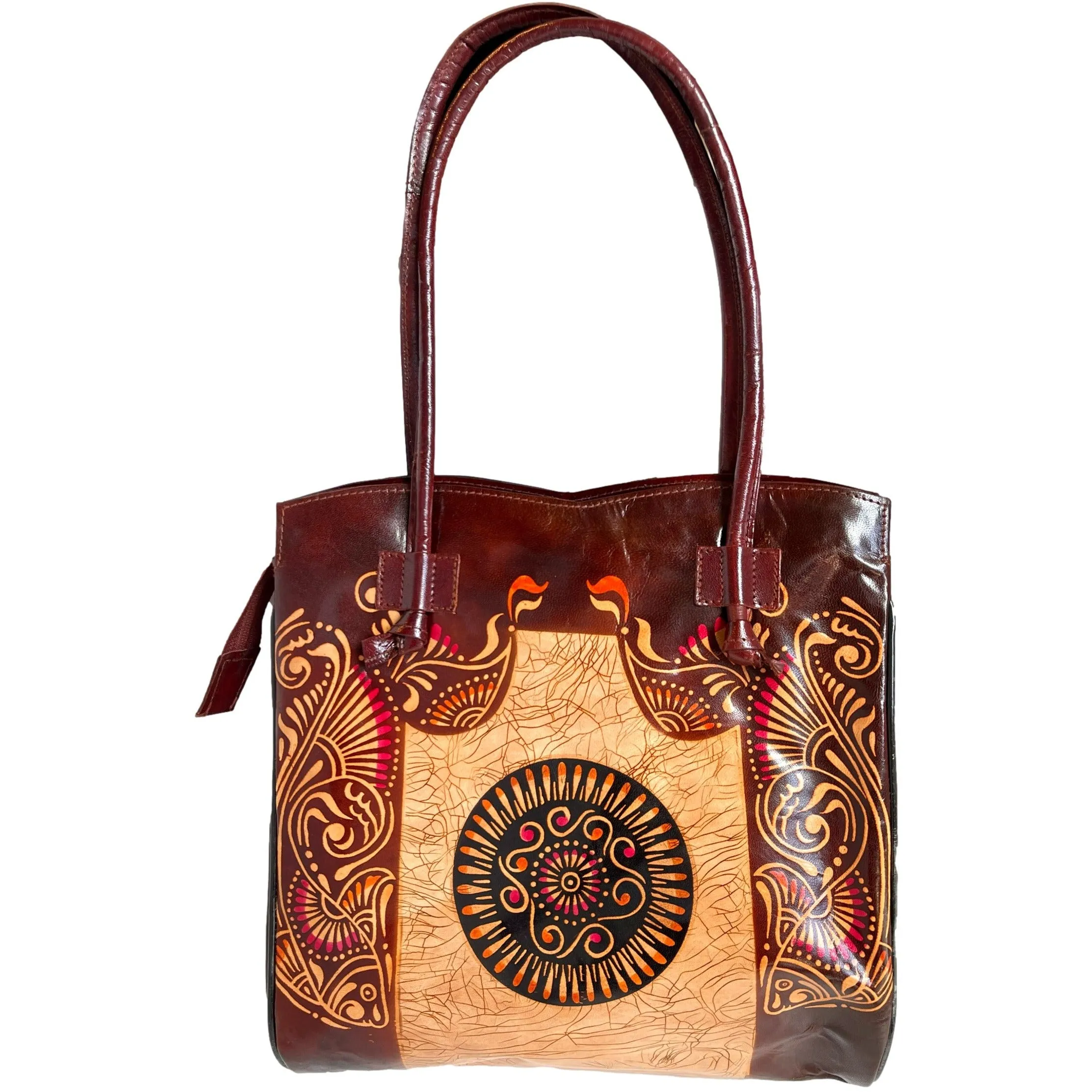 Shantiniketan Genuine Leather Tote Purse with Design