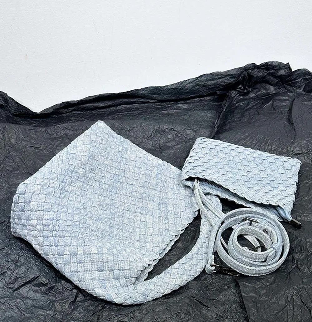 Womens  Denim Woven Large Hobo Bucket Tote Bag With Pouch