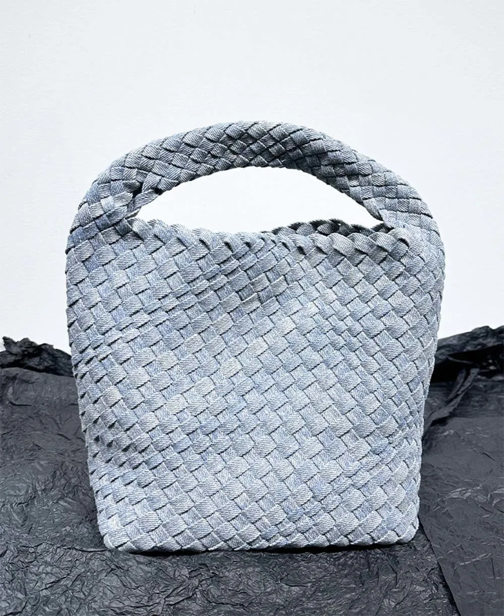 Womens  Denim Woven Large Hobo Bucket Tote Bag With Pouch