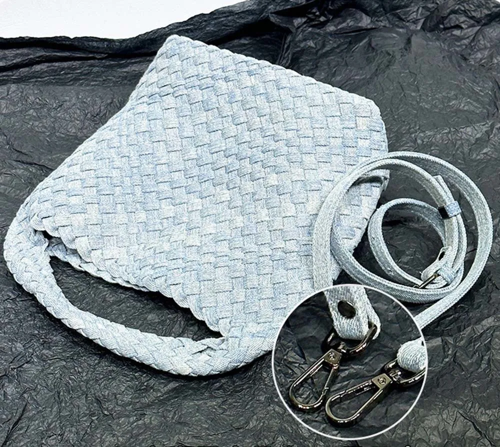 Womens  Denim Woven Large Hobo Bucket Tote Bag With Pouch