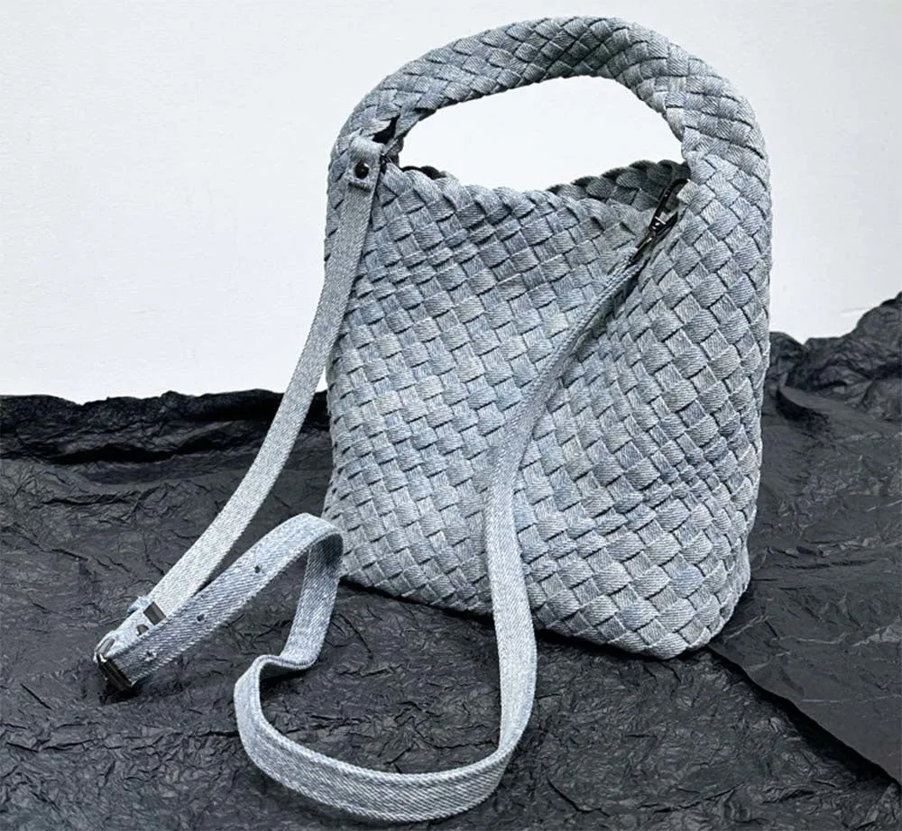 Womens  Denim Woven Large Hobo Bucket Tote Bag With Pouch