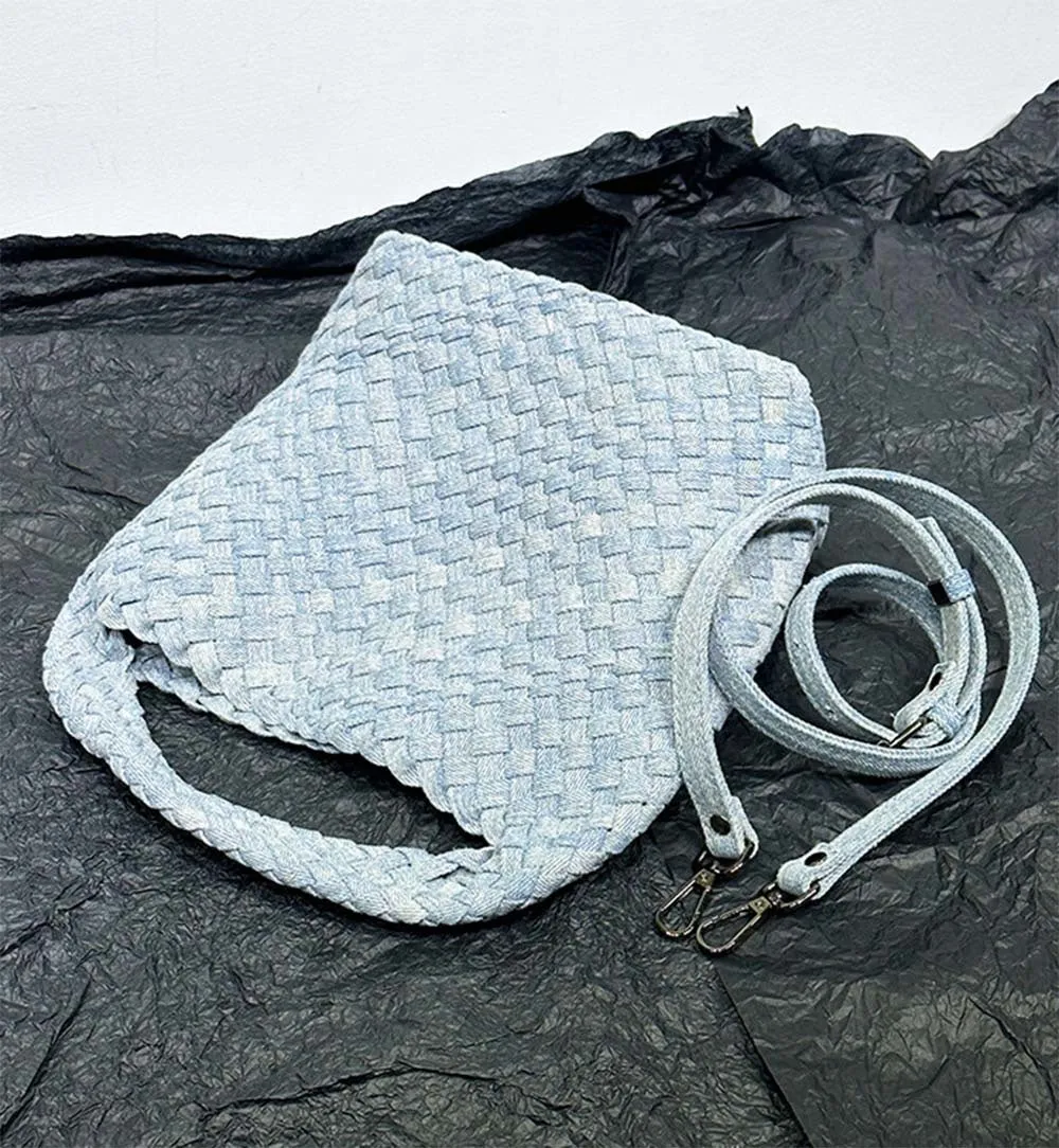 Womens  Denim Woven Large Hobo Bucket Tote Bag With Pouch