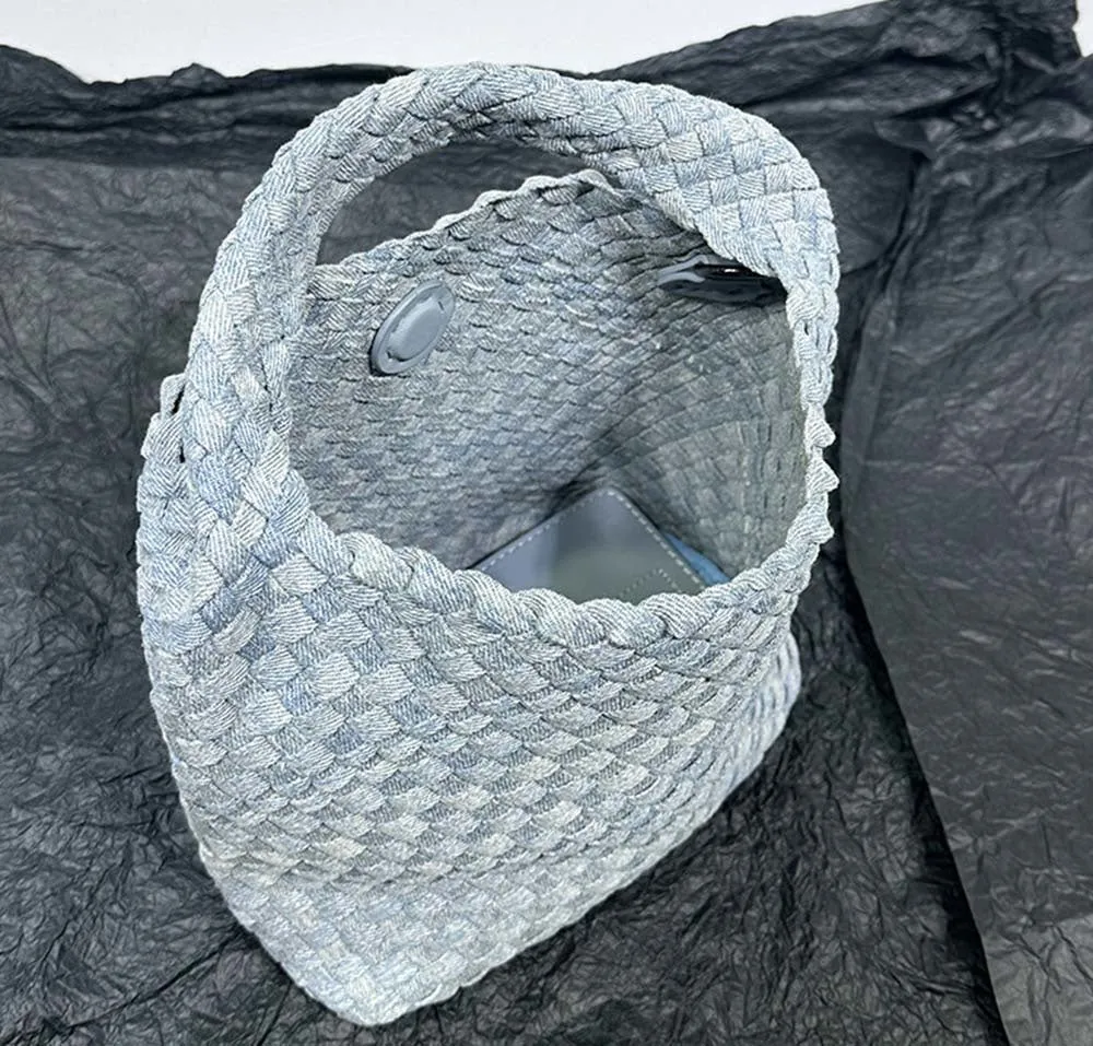 Womens  Denim Woven Large Hobo Bucket Tote Bag With Pouch